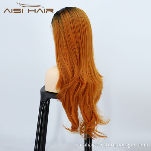 Aisi Hair High Quality 28 Inch Body Wave Curly Long Wavy Ombre Orange Lace Frontal Synthetic Hair For Black Women Lace Front Wig